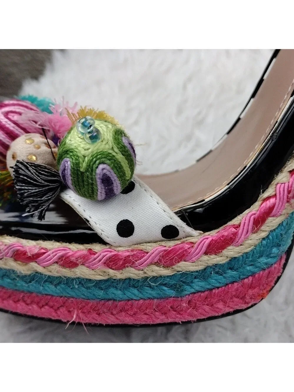 Betsey Johnson Polka Black White Embroidered Open Toe Slingback High Heel Shoe